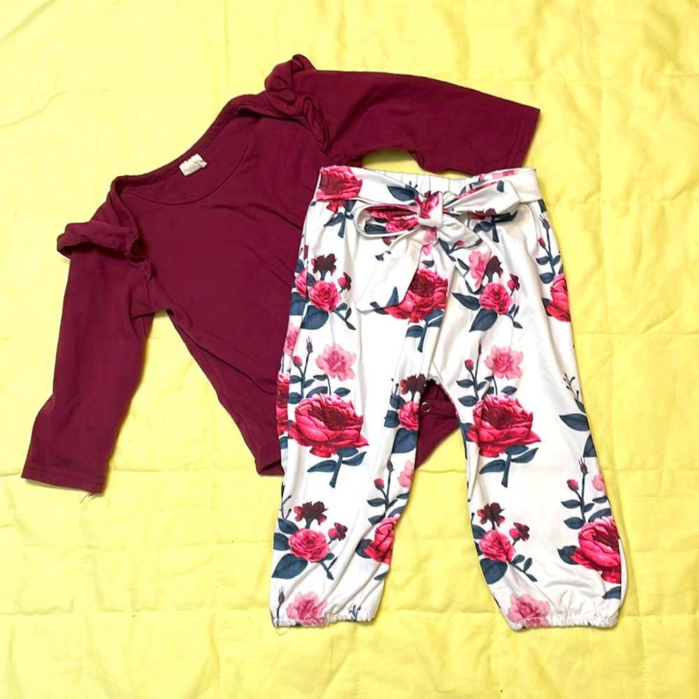 PatPat Plum shirt ruffles floral pants matching set outfit girls 12 month